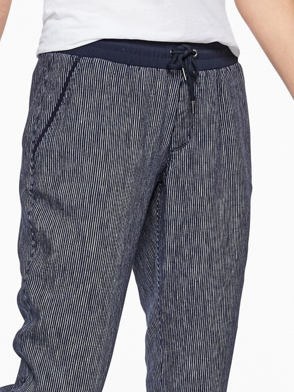 Athleta Stripe Bali Linen Ankle Pant Navy Blue White Size 10 Tall - Picture 3 of 13